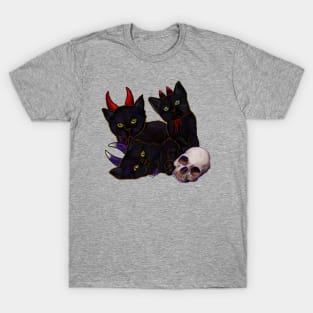 Halloween Kittens Dressed In Little Devil Costumes with Skull T-Shirt